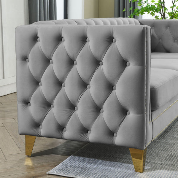 English Elm {contact Us for 3d Modeling} Grey Velvet Chesterfield Sofa Tufted Button Arms Copper Nailhead Gray W834S00570