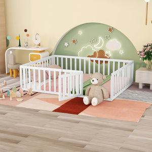 English Elm Queen Floor Bed Frame Pinewood Fence Enclosure with Hinged Door for Kids Room WF299304AAK