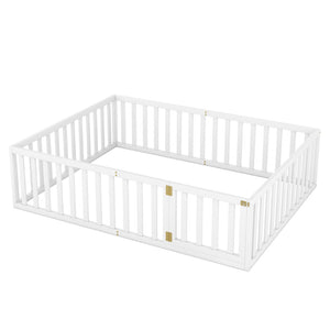 English Elm Queen Floor Bed Frame Pinewood Fence Enclosure with Hinged Door for Kids Room WF299304AAK