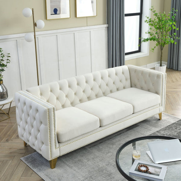 English Elm {contact Us for 3d Modeling} Tufted Velvet Sofa with Nailhead Trim and Sleek Metal Legs W834S00608