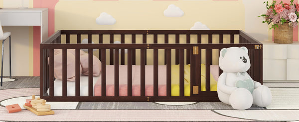 English Elm Queen Floor Bed Frame Pinewood Fence Enclosure with Hinged Door for Kids Room Walnut WF299304AAL