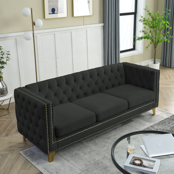 English Elm {Contact} Luxurious Black Velvet Chesterfield Sofa With Button Tufting & Metal Legs For Modern Living Rooms W834S00161-GIGA