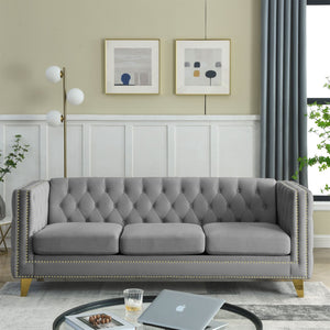 English Elm {Contact} Elegant Grey Velvet Chesterfield Sofa With Button Tufting & Metal Legs For Chic Interiors W834S00162-GIGA