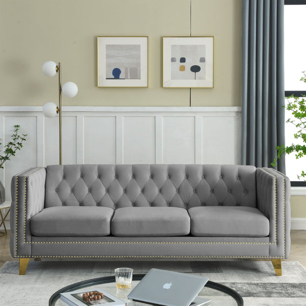 English Elm {Contact} Elegant Grey Velvet Chesterfield Sofa With Button Tufting & Metal Legs For Chic Interiors W834S00162-GIGA