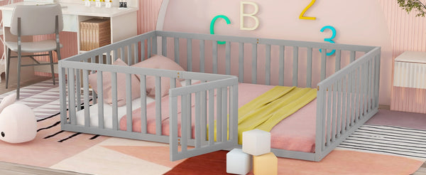 English Elm Queen Floor Bed Frame Pinewood Fence Enclosure with Hinged Door for Kids Room Gray WF299304AAE
