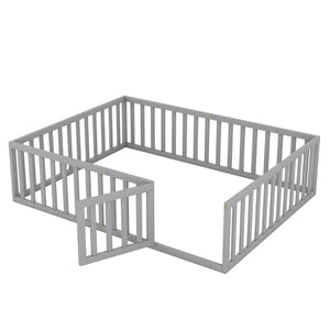 English Elm Queen Floor Bed Frame Pinewood Fence Enclosure with Hinged Door for Kids Room Gray WF299304AAE