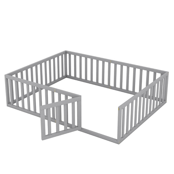 English Elm Queen Floor Bed Frame Pinewood Fence Enclosure with Hinged Door for Kids Room Gray WF299304AAE