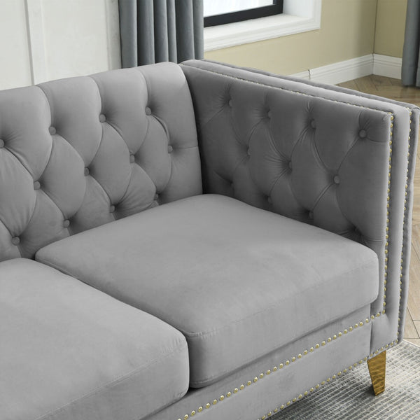 English Elm {Contact} Elegant Grey Velvet Chesterfield Sofa With Button Tufting & Metal Legs For Chic Interiors W834S00162-GIGA