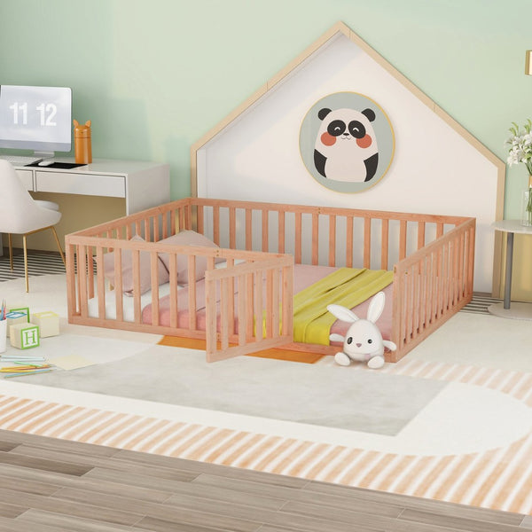 English Elm Queen Floor Bed Frame Pinewood Fence Enclosure with Hinged Door for Kids Room Natural WF299304AAM