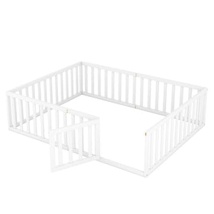 English Elm Queen Floor Bed Frame Pinewood Fence Enclosure with Hinged Door for Kids Room WF299304AAK