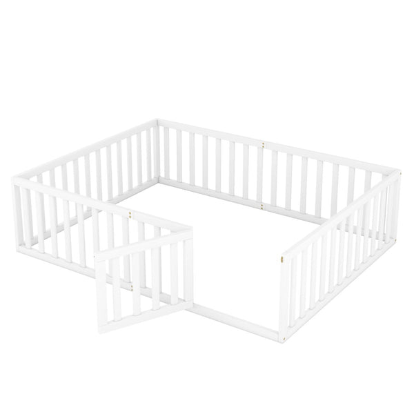 English Elm Queen Floor Bed Frame Pinewood Fence Enclosure with Hinged Door for Kids Room WF299304AAK