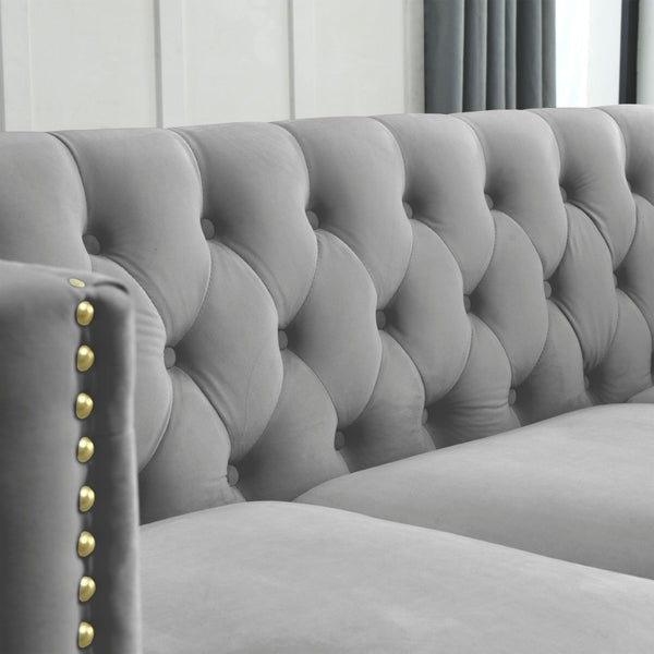 English Elm {contact Us for 3d Modeling} Grey Velvet Chesterfield Sofa Tufted Button Arms Copper Nailhead Gray W834S00570