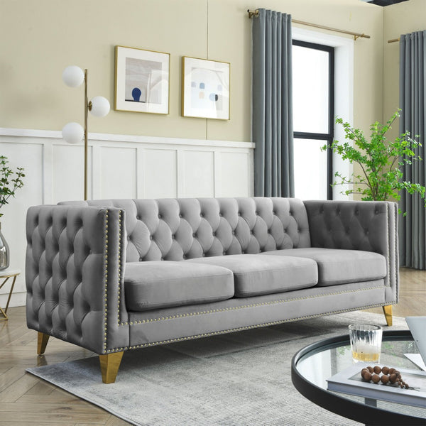English Elm {Contact} Elegant Grey Velvet Chesterfield Sofa With Button Tufting & Metal Legs For Chic Interiors W834S00162-GIGA