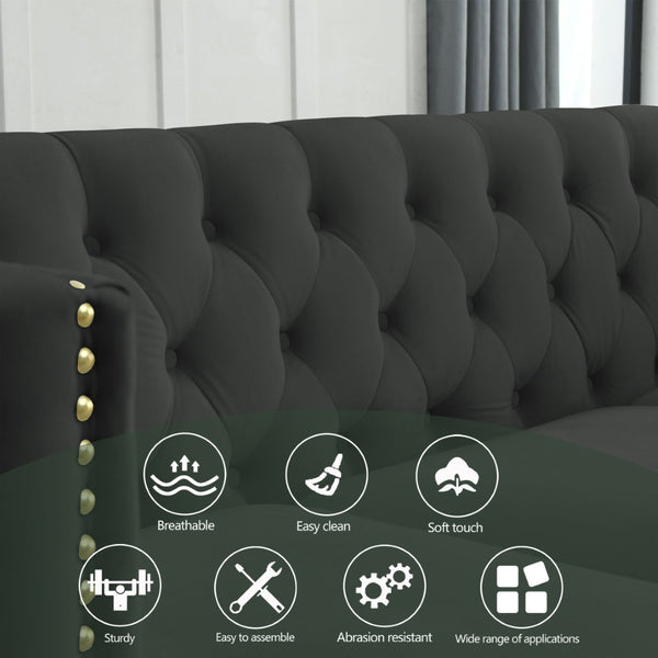 English Elm {contact Us for 3d Modeling} Grey Velvet Chesterfield Sofa Tufted Button Arms Copper Nailhead Black W834S00569
