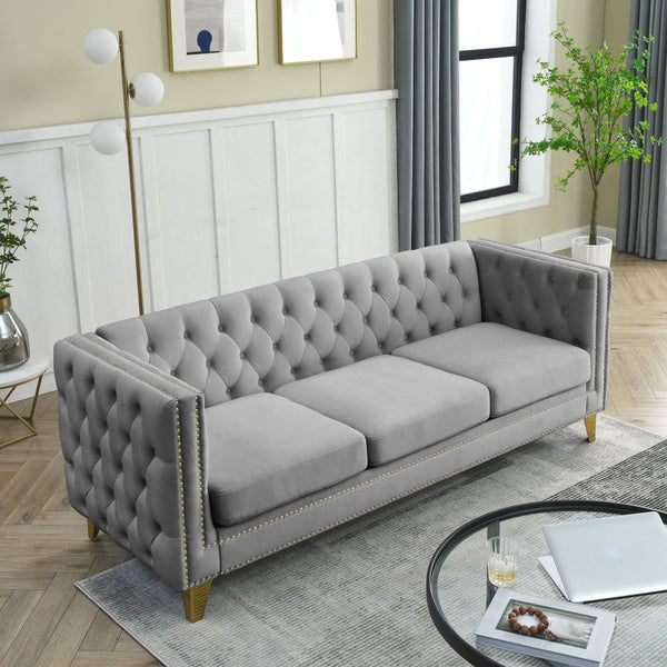 English Elm {Contact} Elegant Grey Velvet Chesterfield Sofa With Button Tufting & Metal Legs For Chic Interiors W834S00162-GIGA