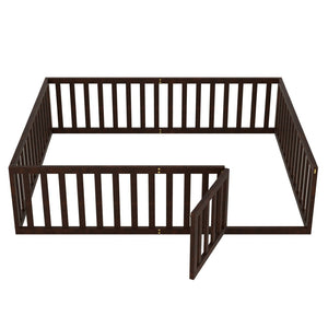 English Elm Queen Floor Bed Frame Pinewood Fence Enclosure with Hinged Door for Kids Room Walnut WF299304AAL