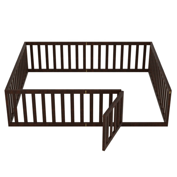 English Elm Queen Floor Bed Frame Pinewood Fence Enclosure with Hinged Door for Kids Room Walnut WF299304AAL