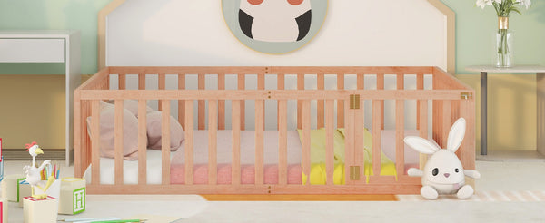 English Elm Queen Floor Bed Frame Pinewood Fence Enclosure with Hinged Door for Kids Room Natural WF299304AAM