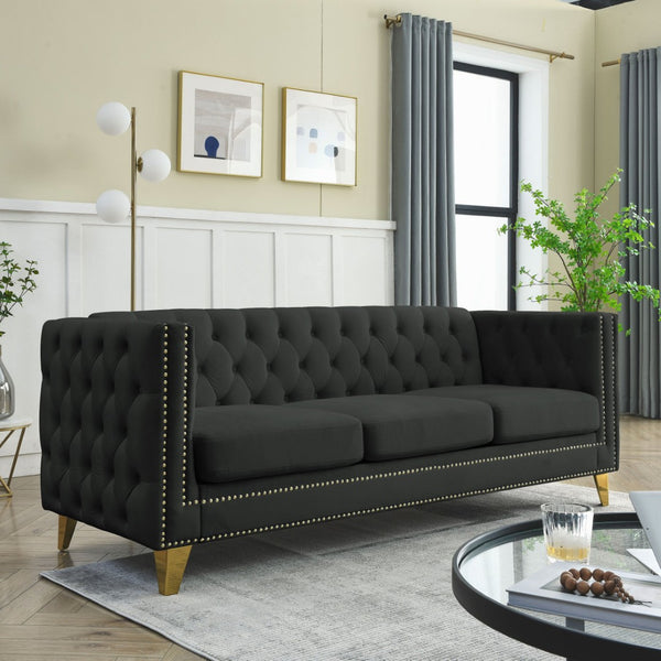 English Elm {contact Us for 3d Modeling} Grey Velvet Chesterfield Sofa Tufted Button Arms Copper Nailhead Black W834S00569