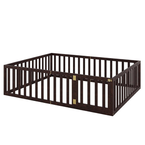 English Elm Queen Floor Bed Frame Pinewood Fence Enclosure with Hinged Door for Kids Room Walnut WF299304AAL