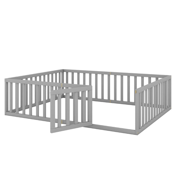 English Elm Queen Floor Bed Frame Pinewood Fence Enclosure with Hinged Door for Kids Room Gray WF299304AAE