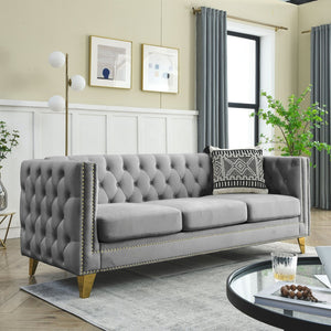 English Elm {Contact} Elegant Grey Velvet Chesterfield Sofa With Button Tufting & Metal Legs For Chic Interiors W834S00162-GIGA