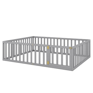 English Elm Queen Floor Bed Frame Pinewood Fence Enclosure with Hinged Door for Kids Room Gray WF299304AAE