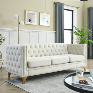 English Elm {contact Us for 3d Modeling} Grey Velvet Chesterfield Sofa Tufted Button Arms Copper Nailhead Beige W834S00568