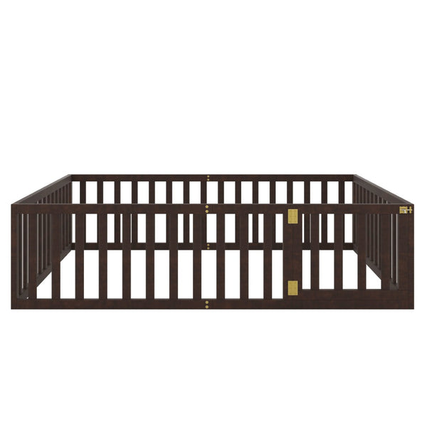 English Elm Queen Floor Bed Frame Pinewood Fence Enclosure with Hinged Door for Kids Room Walnut WF299304AAL