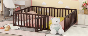 English Elm Queen Floor Bed Frame Pinewood Fence Enclosure with Hinged Door for Kids Room Walnut WF299304AAL