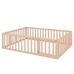 English Elm Queen Floor Bed Frame Pinewood Fence Enclosure with Hinged Door for Kids Room Natural WF299304AAM