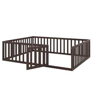 English Elm Queen Floor Bed Frame Pinewood Fence Enclosure with Hinged Door for Kids Room Walnut WF299304AAL