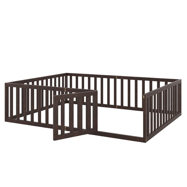 English Elm Queen Floor Bed Frame Pinewood Fence Enclosure with Hinged Door for Kids Room Walnut WF299304AAL