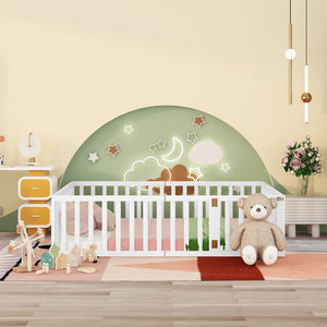 English Elm Queen Floor Bed Frame Pinewood Fence Enclosure with Hinged Door for Kids Room WF299304AAK