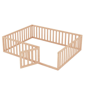 English Elm Queen Floor Bed Frame Pinewood Fence Enclosure with Hinged Door for Kids Room Natural WF299304AAM