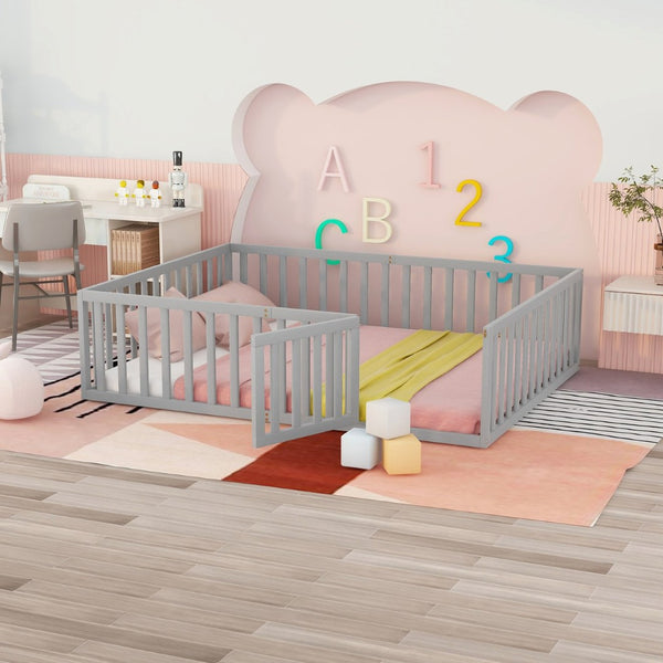 English Elm Queen Floor Bed Frame Pinewood Fence Enclosure with Hinged Door for Kids Room Gray WF299304AAE
