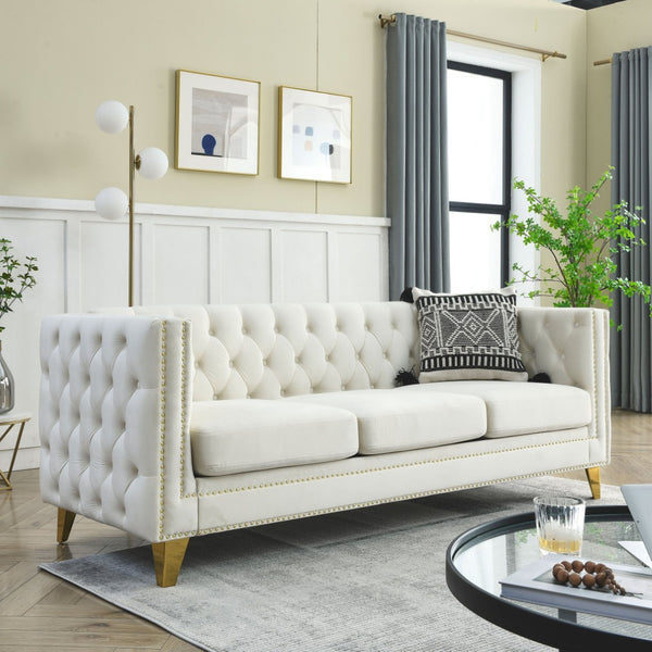 English Elm {contact Us for 3d Modeling} Tufted Velvet Sofa with Nailhead Trim and Sleek Metal Legs W834S00608