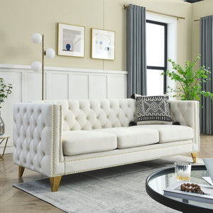 English Elm {contact Us for 3d Modeling} Grey Velvet Chesterfield Sofa Tufted Button Arms Copper Nailhead Beige W834S00568