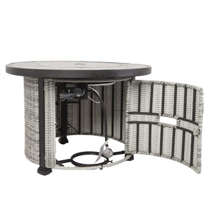 English Elm 36 inch Gas Propane Fire Pit Table 50,000 BTU Round w/ Lid & Lava Rocks Grey Rattan Outdoor Patio W94490283