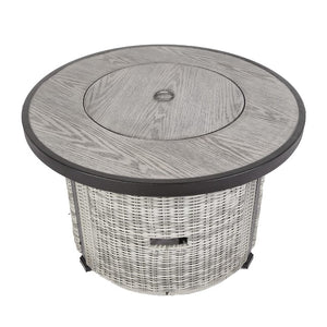 English Elm 36 inch Gas Propane Fire Pit Table 50,000 BTU Round w/ Lid & Lava Rocks Grey Rattan Outdoor Patio W94490283