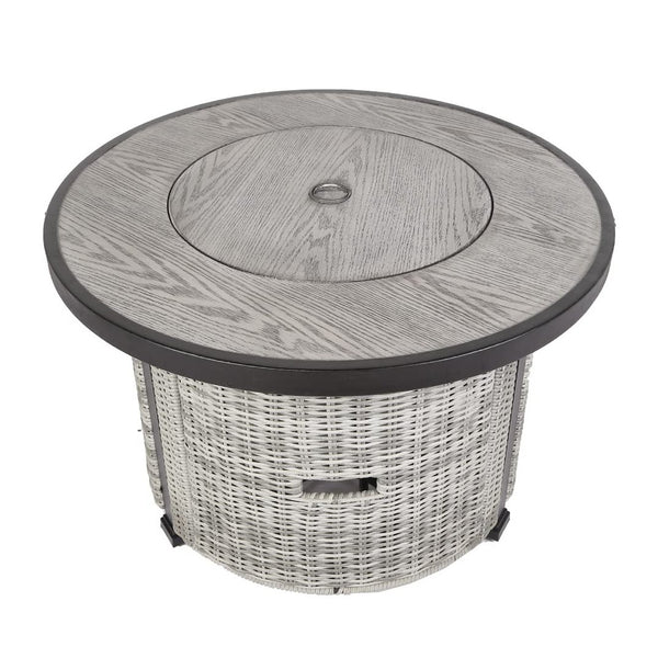 English Elm 36 inch Gas Propane Fire Pit Table 50,000 BTU Round w/ Lid & Lava Rocks Grey Rattan Outdoor Patio W94490283