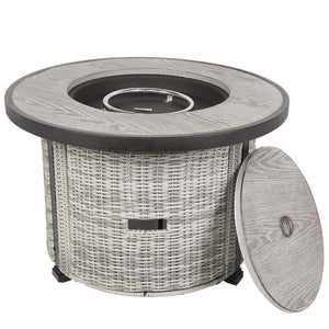 English Elm 36 inch Gas Propane Fire Pit Table 50,000 BTU Round w/ Lid & Lava Rocks Grey Rattan Outdoor Patio W94490283