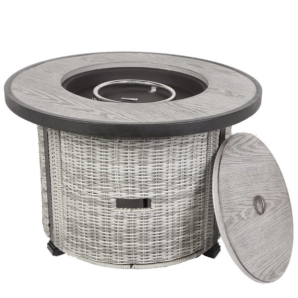 English Elm 36 inch Gas Propane Fire Pit Table 50,000 BTU Round w/ Lid & Lava Rocks Grey Rattan Outdoor Patio W94490283