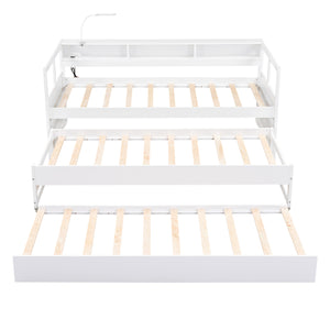 English Elm Twin XL Wood Daybed with Two Trundles, Built-In 3 Cubbies, Integrated Light and USB Charging Hub for Guests and Sleepovers White GX000544AAK