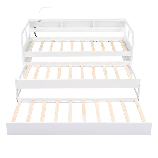 English Elm Twin XL Wood Daybed with Two Trundles, Built-In 3 Cubbies, Integrated Light and USB Charging Hub for Guests and Sleepovers White GX000544AAK