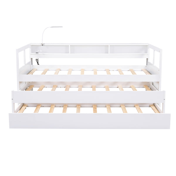 English Elm Twin XL Wood Daybed with Two Trundles, Built-In 3 Cubbies, Integrated Light and USB Charging Hub for Guests and Sleepovers White GX000544AAK