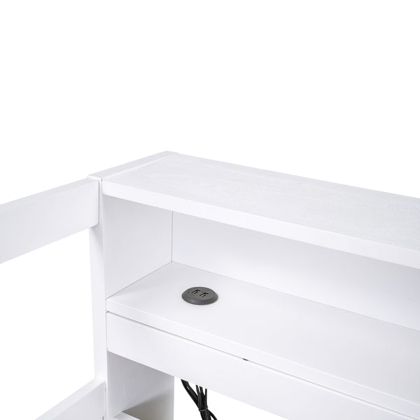 English Elm Twin XL Wood Daybed with Two Trundles, Built-In 3 Cubbies, Integrated Light and USB Charging Hub for Guests and Sleepovers White GX000544AAK