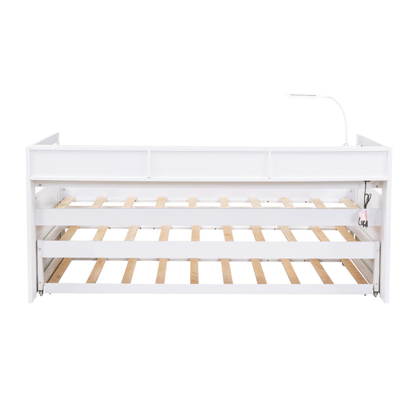 English Elm Twin XL Wood Daybed with Two Trundles, Built-In 3 Cubbies, Integrated Light and USB Charging Hub for Guests and Sleepovers White GX000544AAK