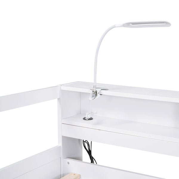 English Elm Twin XL Wood Daybed with Two Trundles, Built-In 3 Cubbies, Integrated Light and USB Charging Hub for Guests and Sleepovers White GX000544AAK