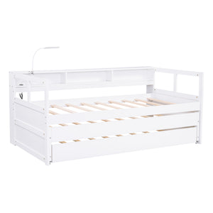 English Elm Twin XL Wood Daybed with Two Trundles, Built-In 3 Cubbies, Integrated Light and USB Charging Hub for Guests and Sleepovers White GX000544AAK